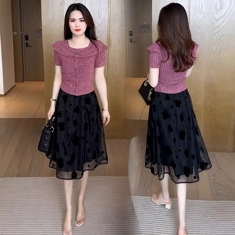 赠运费险]夏季新款时尚套装女洋气显瘦短袖T恤上衣纯欲慵懒风女装