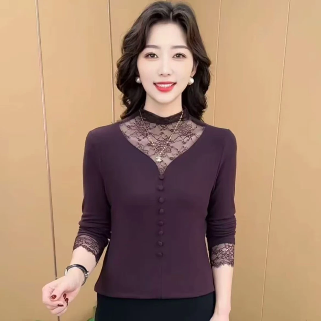 新品气质修身显瘦蕾丝拼接洋气圆领时尚百搭镂空女士上衣打底小衫