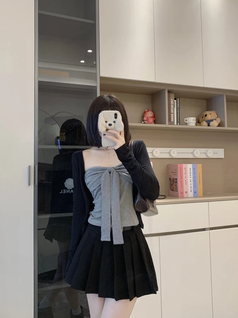 大码早秋纯欲风性感灰色抹胸吊带上衣+黑色防晒针织开衫显瘦辣妹