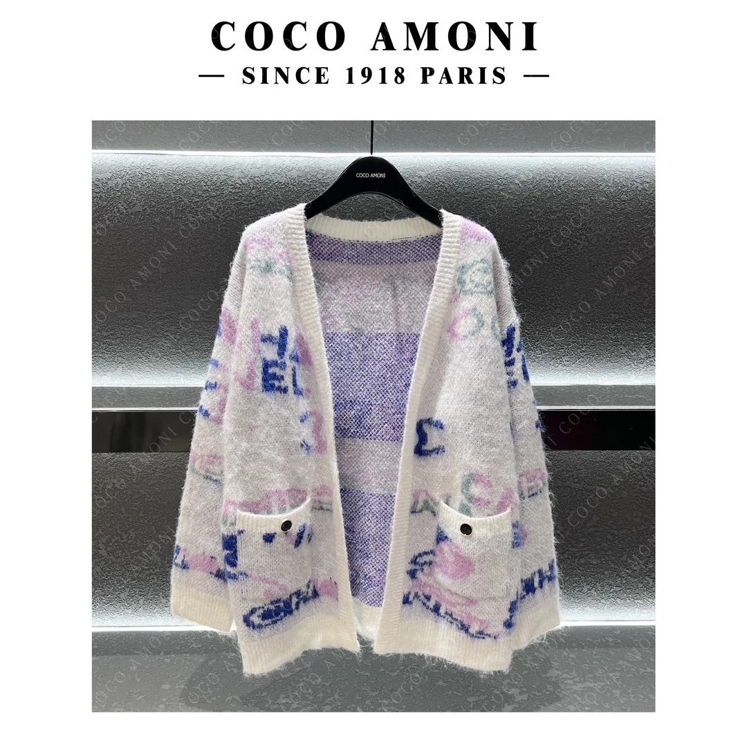 慵懒风紫色系口袋宽松V领开衫针织衫时尚设计师休闲长袖毛衣NZ395