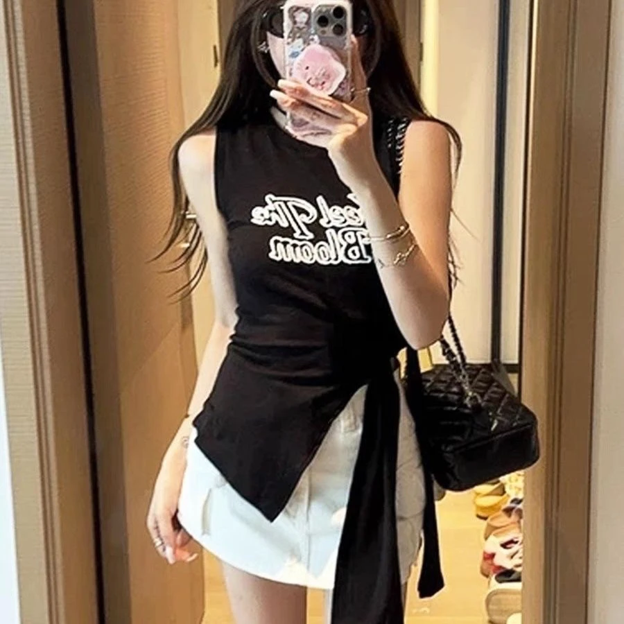 飘带字母独特漂亮掐腰背心无袖上衣女2025新款爆款夏季t恤上衣女