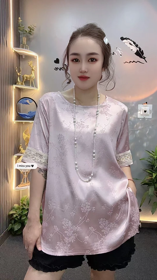 新中式1527重工圆领提花刺绣短袖女高级感宽松百搭减龄上衣