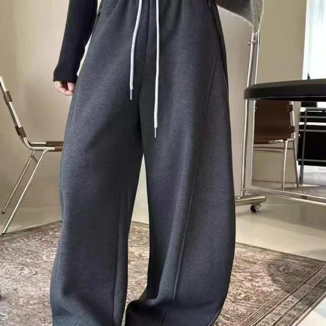 韩系新款加绒弯刀裤女秋冬显瘦加厚高腰宽松百搭休闲裤