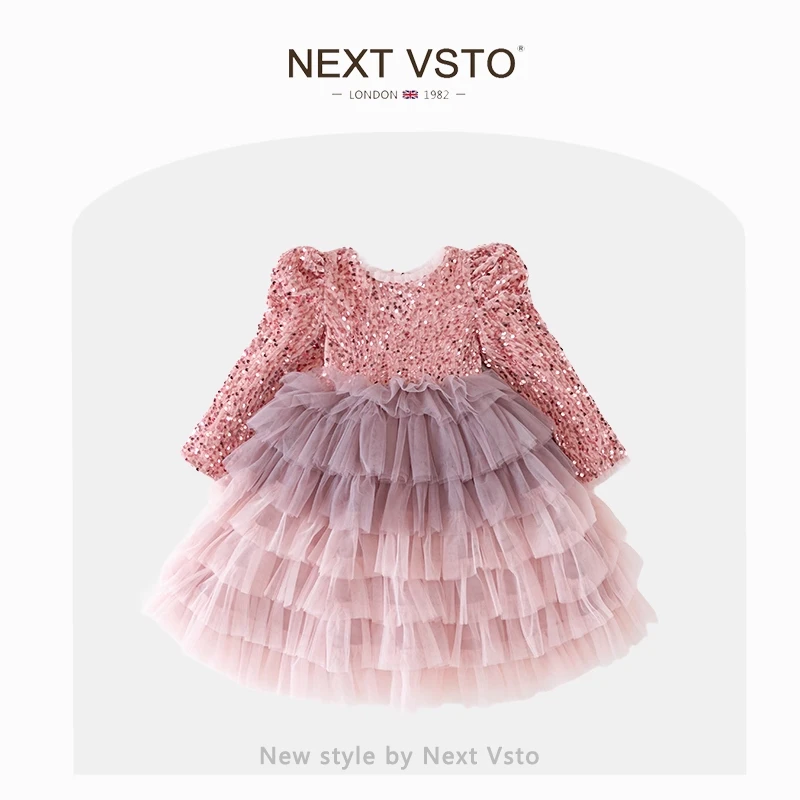 英国NEXT VSTO女童亮片公主裙春秋洋气女宝宝生日礼服蓬蓬蛋糕裙