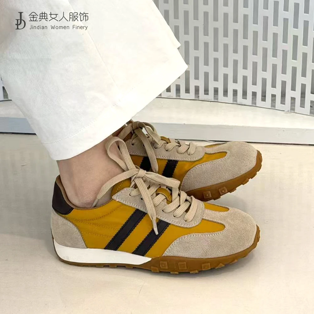 【金典女人服饰】真皮拼色德训鞋   舒适平底新款阿甘鞋休闲女鞋101