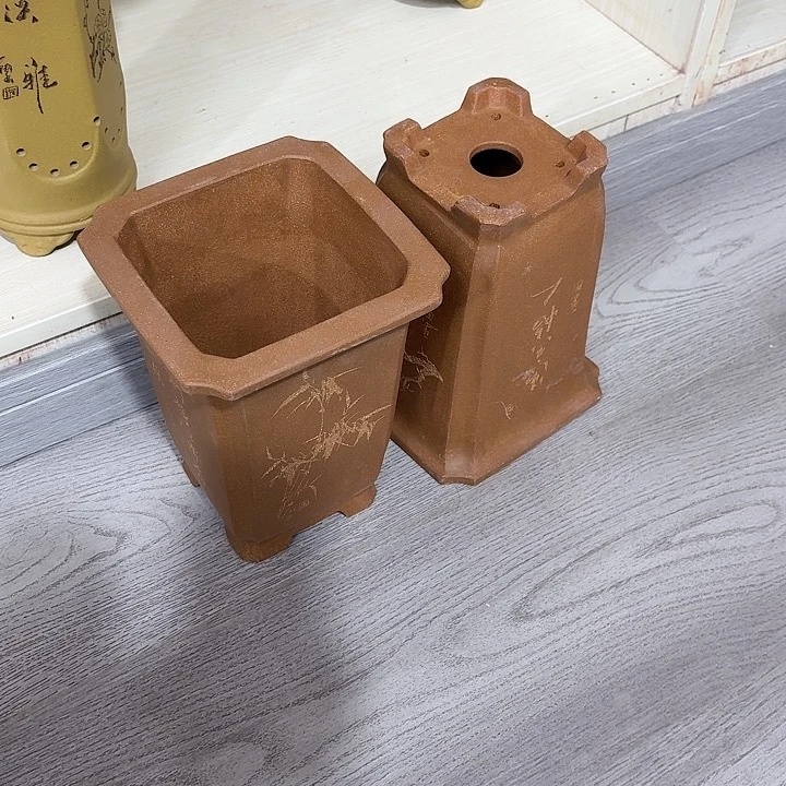 紫砂花盆流**月微瑕四方降坡泥两个