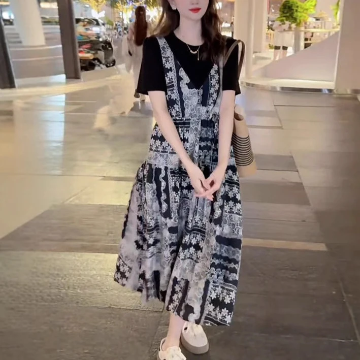 韩系假两件连衣裙女2025夏季新款时尚休闲宽松显瘦中长款连衣裙潮