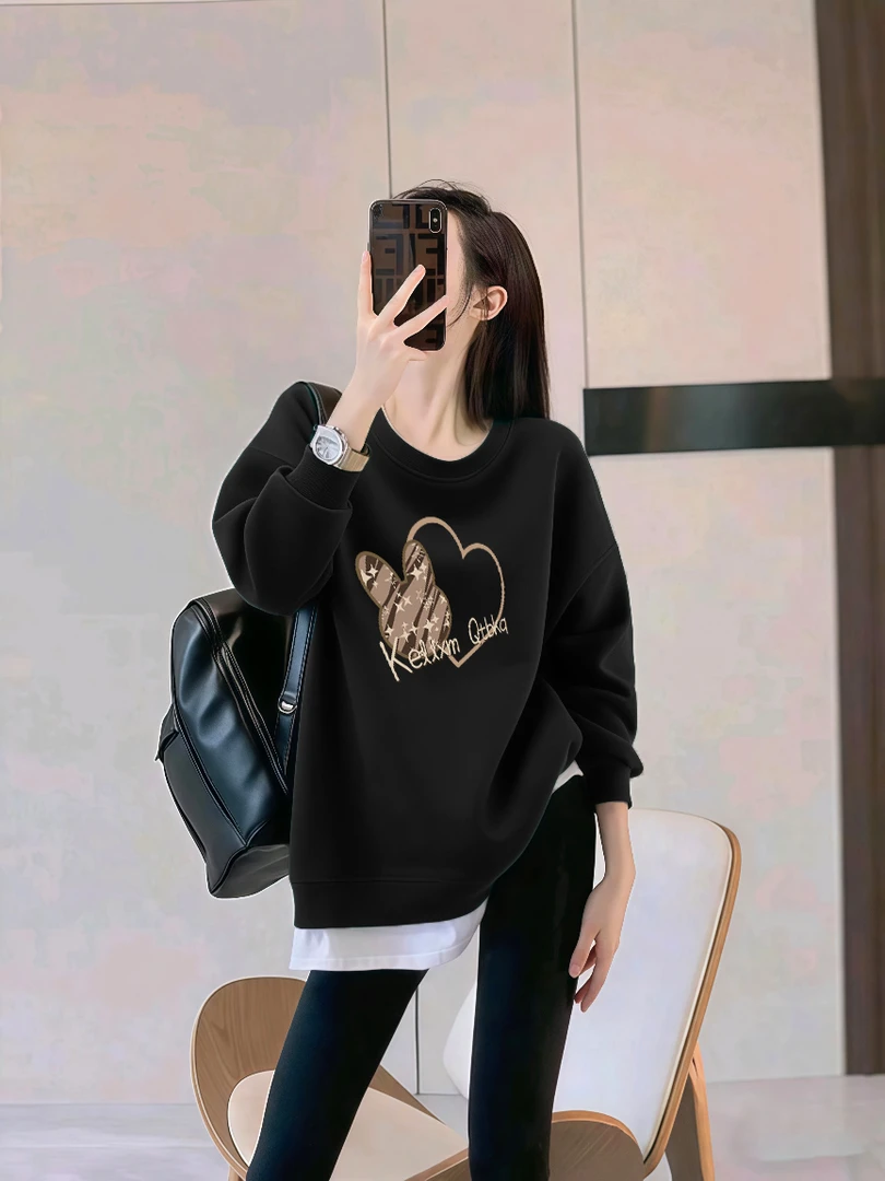 黑色爱心印花女士套头圆领卫衣外套宽松慵懒风遮肉显瘦打底上衣服