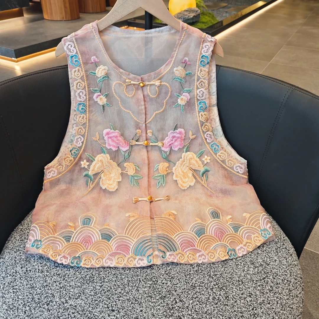 【花朝记】2025新款夏季马甲新中式宽松网纱刺绣绣花上衣马夹女