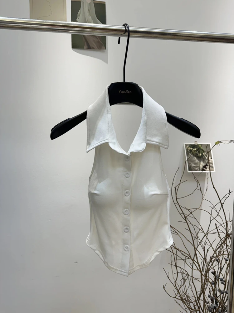 夏季甜辣妹性感短款单排扣露肩内搭翻领polo背心女外穿带胸垫上衣