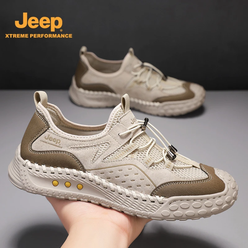 Jeep吉普男鞋2025冬季新款手工缝制透气网面鞋真皮户外涉水朔溪鞋