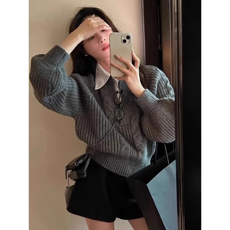 2025春季新款甜美风简约百搭假两件毛衣宽松慵懒针织衫