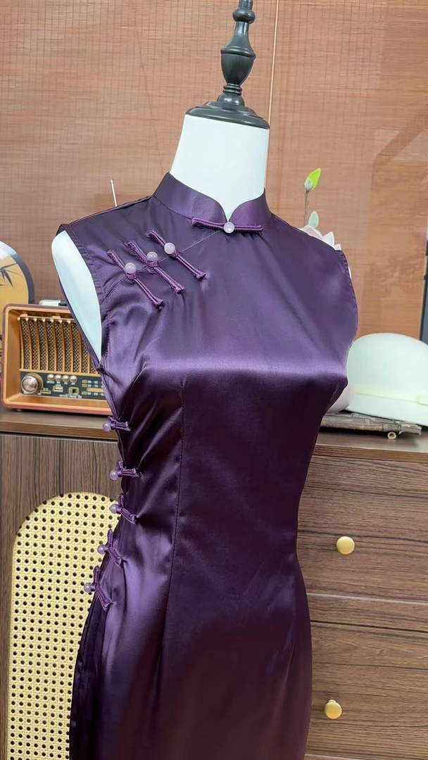 紫色景甜同款旗袍 高级感独特漂亮气质修身无袖