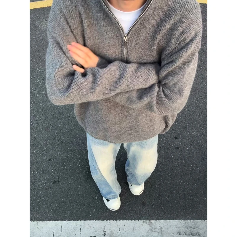 灰色针织连帽毛衣男秋冬高级感cleanfit外套宽松慵懒风半拉链卫衣