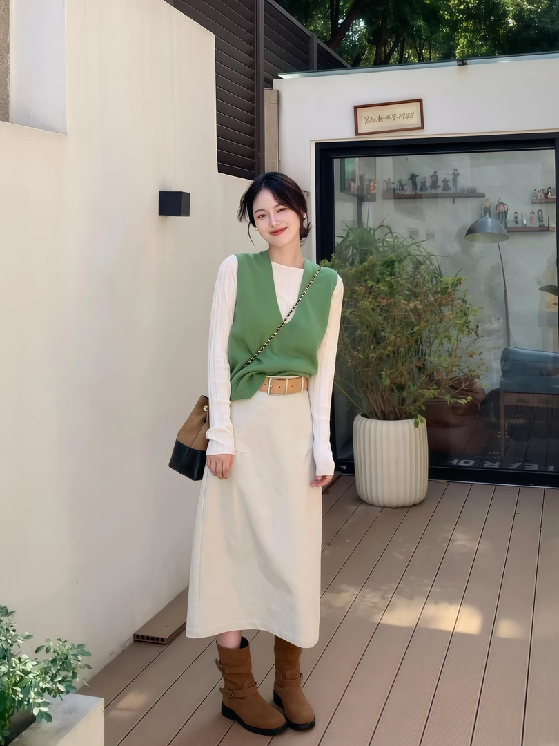 2025秋季新款一整套穿搭白色打底衫绿色马甲上衣高腰半身裙套装女