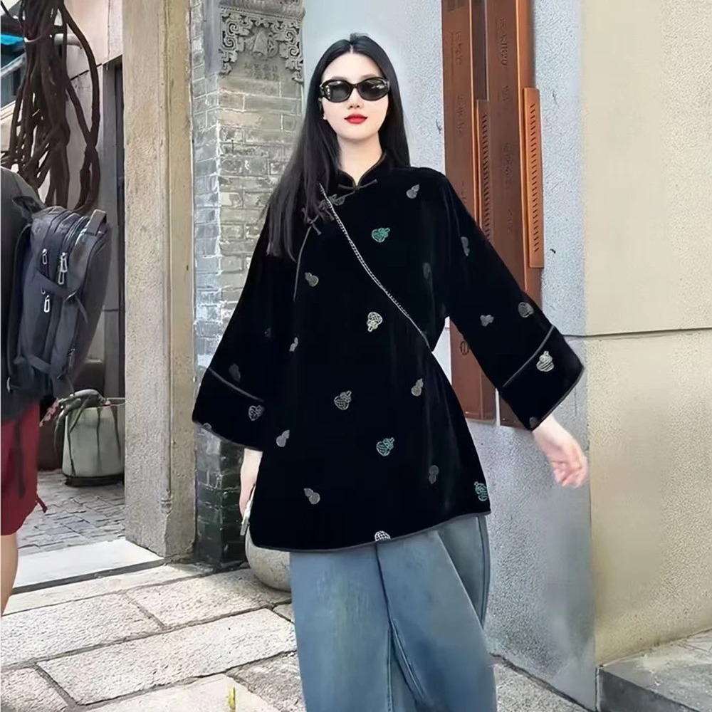 2025秋冬新中式国风黑色丝绒葫芦刺绣外套女洋气斜襟盘扣唐装上衣