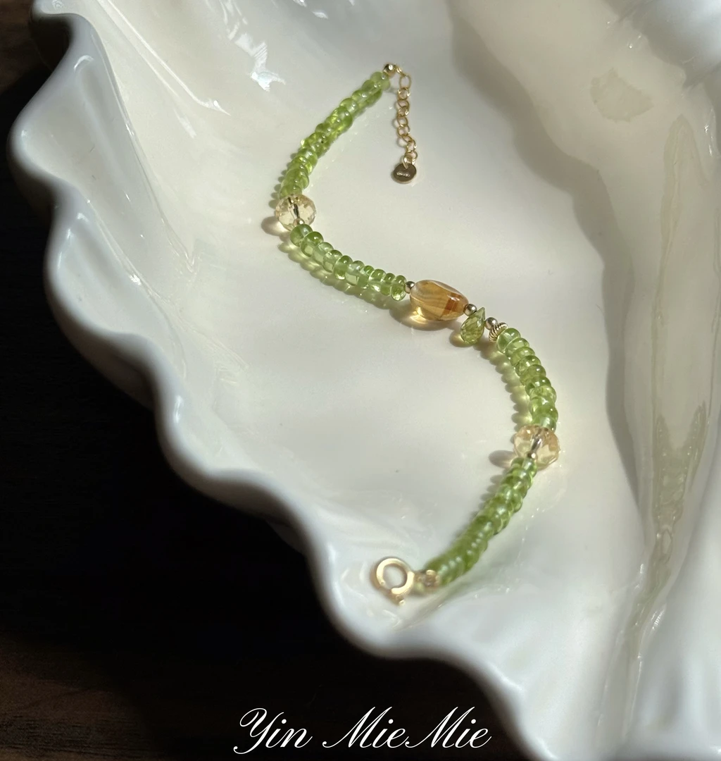 合成金属手链 天然橄榄绿手链 超显白精致小巧  美产14k包金