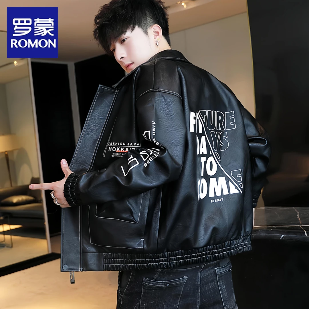 Romon/罗蒙秋季爆款高品质翻领百搭时尚夹克男士潮流休闲皮衣外套