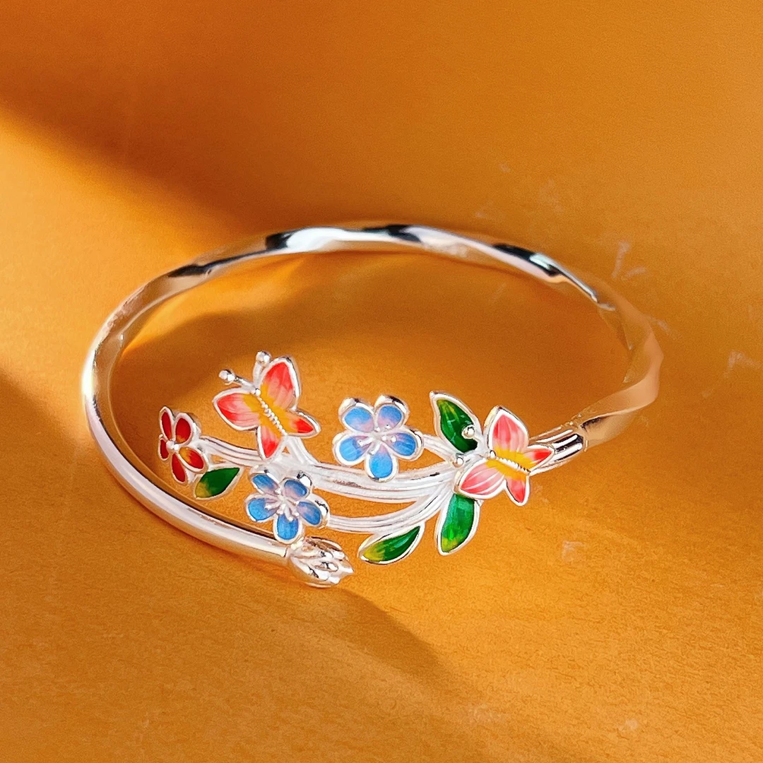足银手镯 足银手镯 999足银蝶恋花珐琅彩蝴蝶纯银手镯高级礼物