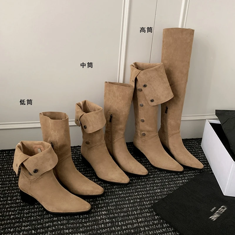 跟高4cm/34-40/DY1135-1两穿款初秋绒面外翻粗跟方头靴