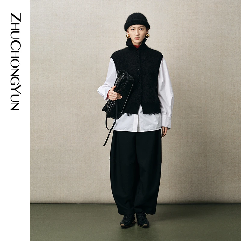 ZHUCHONGYUN2025冬新款立领针织毛边马甲直身剪裁上衣C1FZ4722M