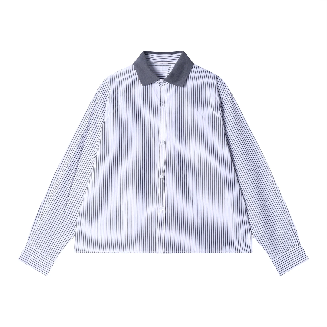 春夏季新款时尚个性韩版设计感撞色条纹衬衫休闲潮流宽松长袖衬衣