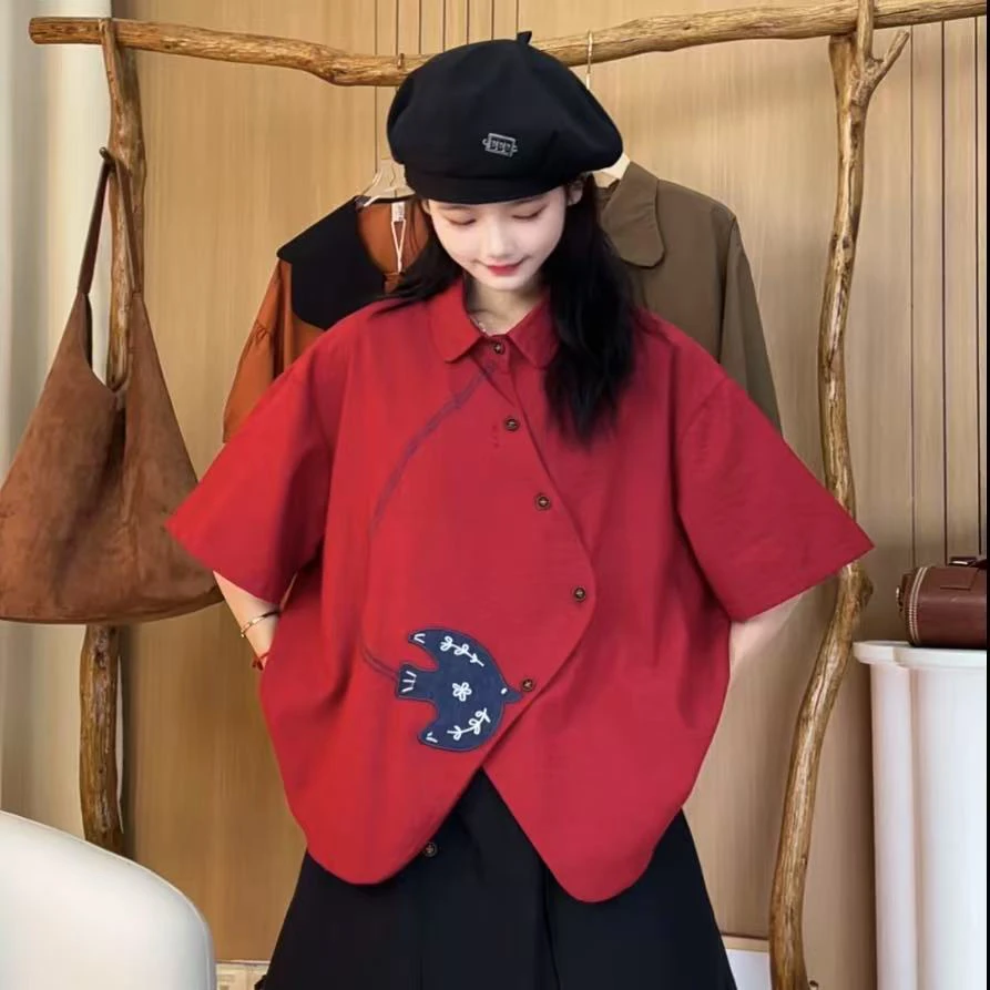 XZ“放风筝”自制牛仔贴布刺绣不规则门襟小众设计短袖衬衫