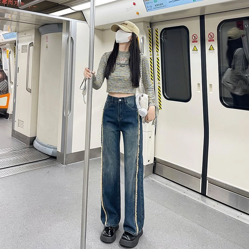复古蓝毛边高腰显瘦提臀直筒牛仔裤女2025年秋季新款宽松阔腿裤子