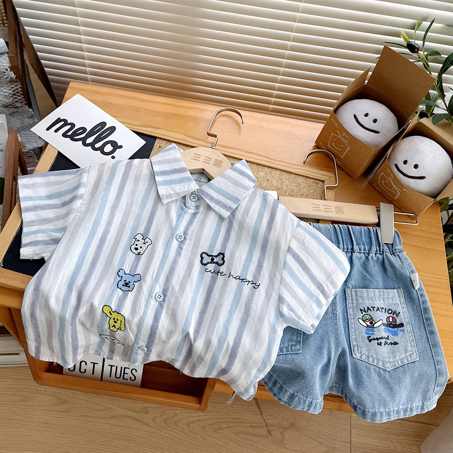 男夏季衬衫洋气男童帅气刺绣薄款休闲男宝条纹男女通用短袖夏款