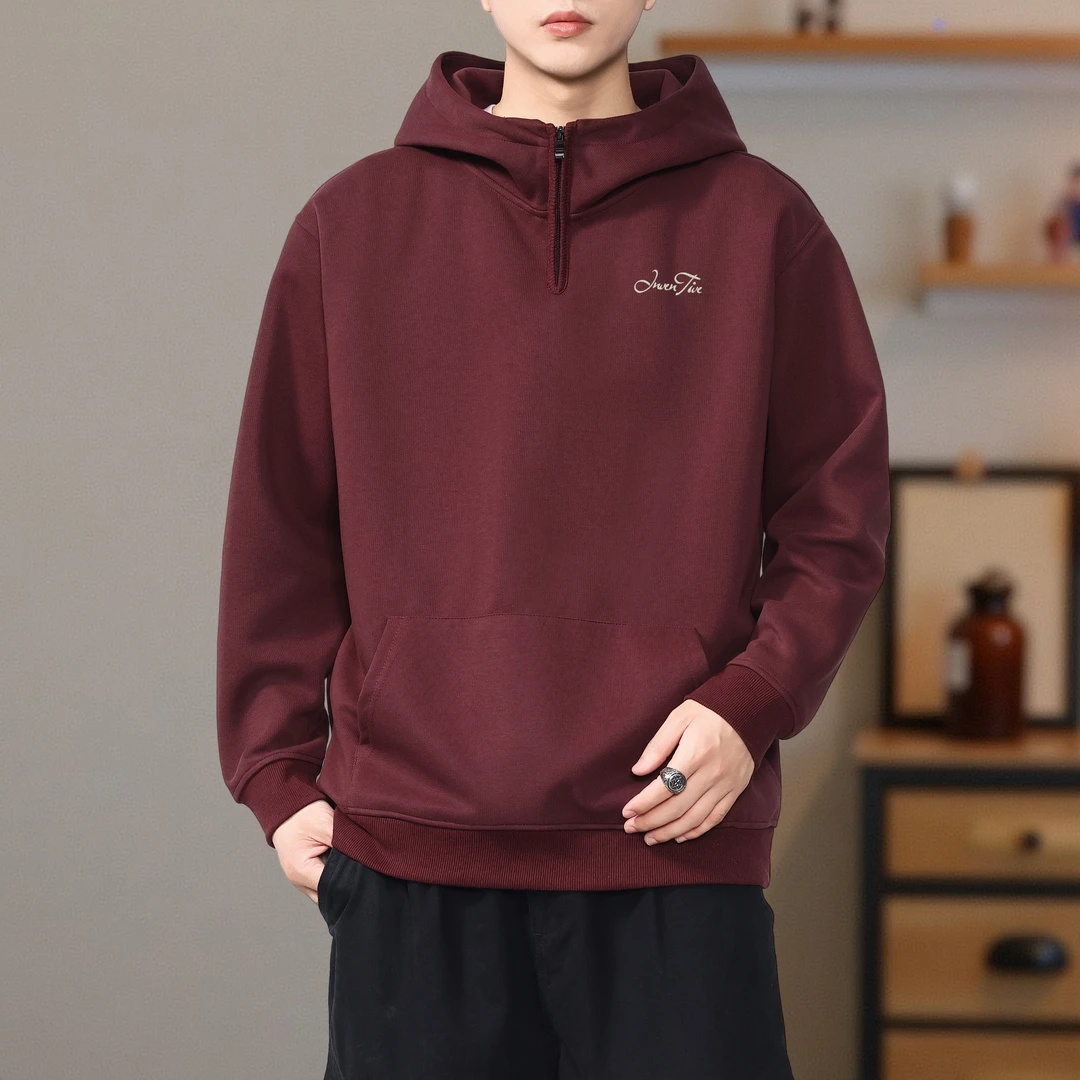 美式简约休闲半拉链连帽卫衣男秋季新款潮牌加肥加大胖子上衣外套