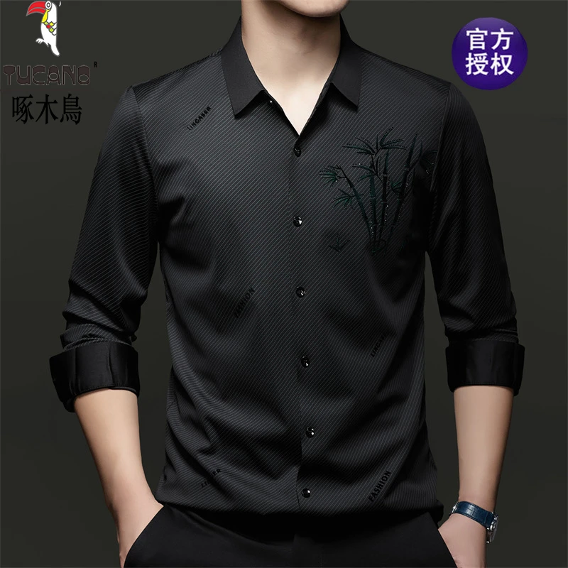 啄木鸟秋季新款男士长袖衬衫商务休闲无痕免烫透气高弹抗皱衬衫男