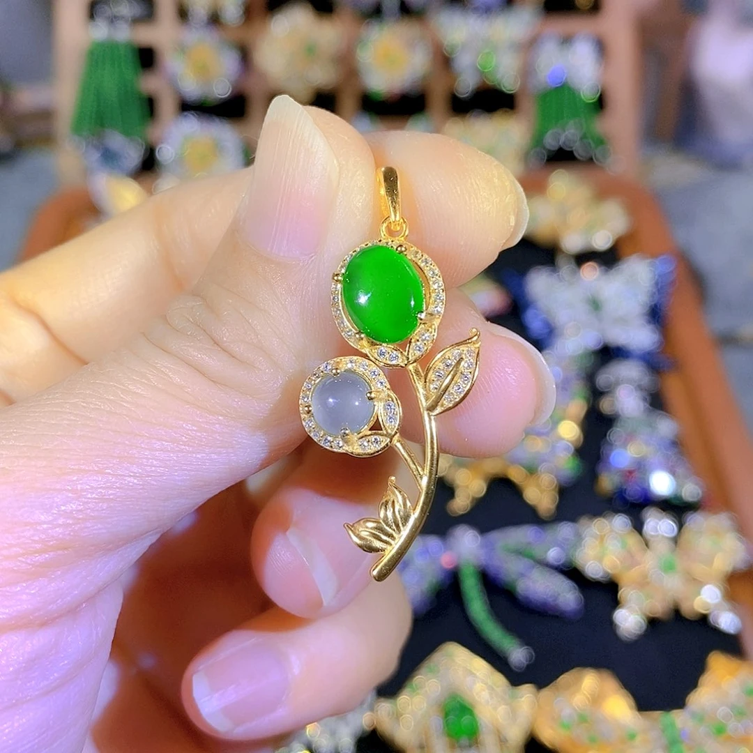 吊坠(不含链)银S925镶嵌翡翠