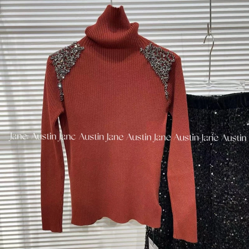 Jane Austin •（复古红）秋冬过年修身针织衫法式轻奢高领毛衣女