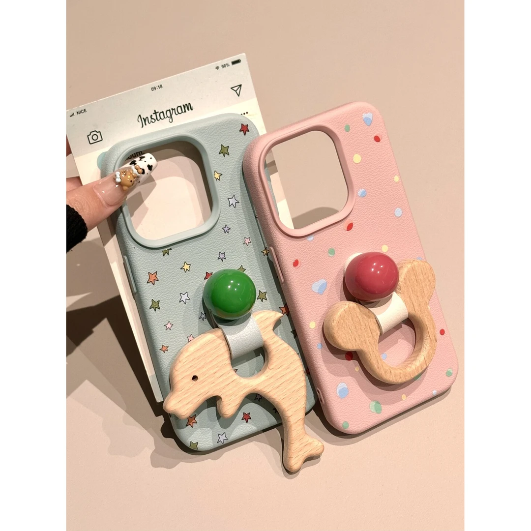 飞虎胜ins薄荷绿粉底波点米老鼠支架适用苹果15/16pro手机壳14/13