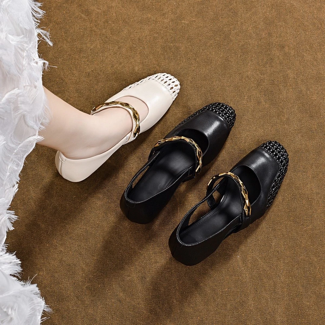 【TEENYA恬雅】春季新品时尚编织镂空透气一字带粗跟女款单鞋1538N