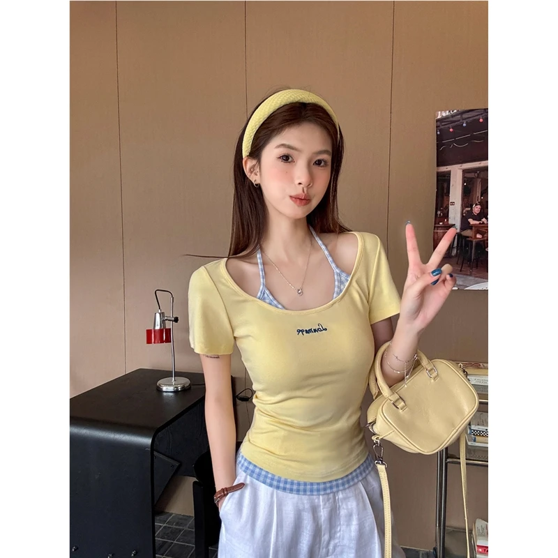 嫩黄色吊带短袖女夏季新款修身显瘦小个子多巴胺上衣紧身t恤短款