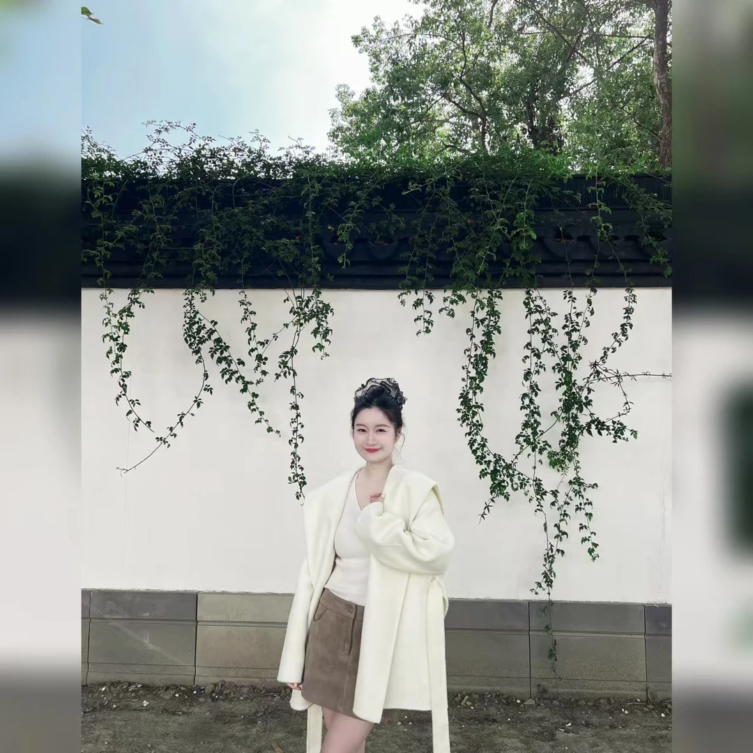 【Jing Jing】2024新款气质百搭连帽绵羊毛大衣外套8886