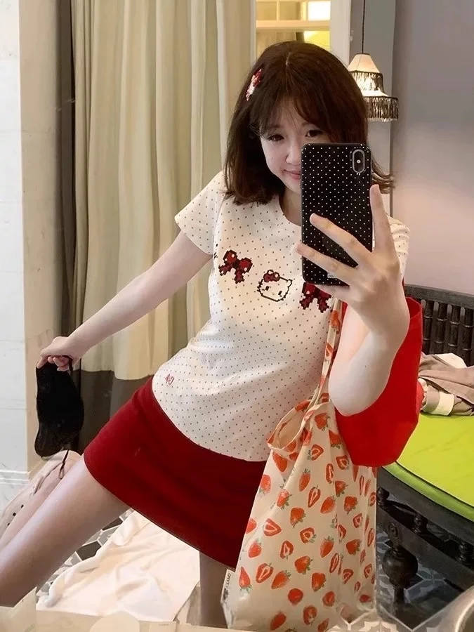 大码女卡通动漫短袖波点圆领上衣8965