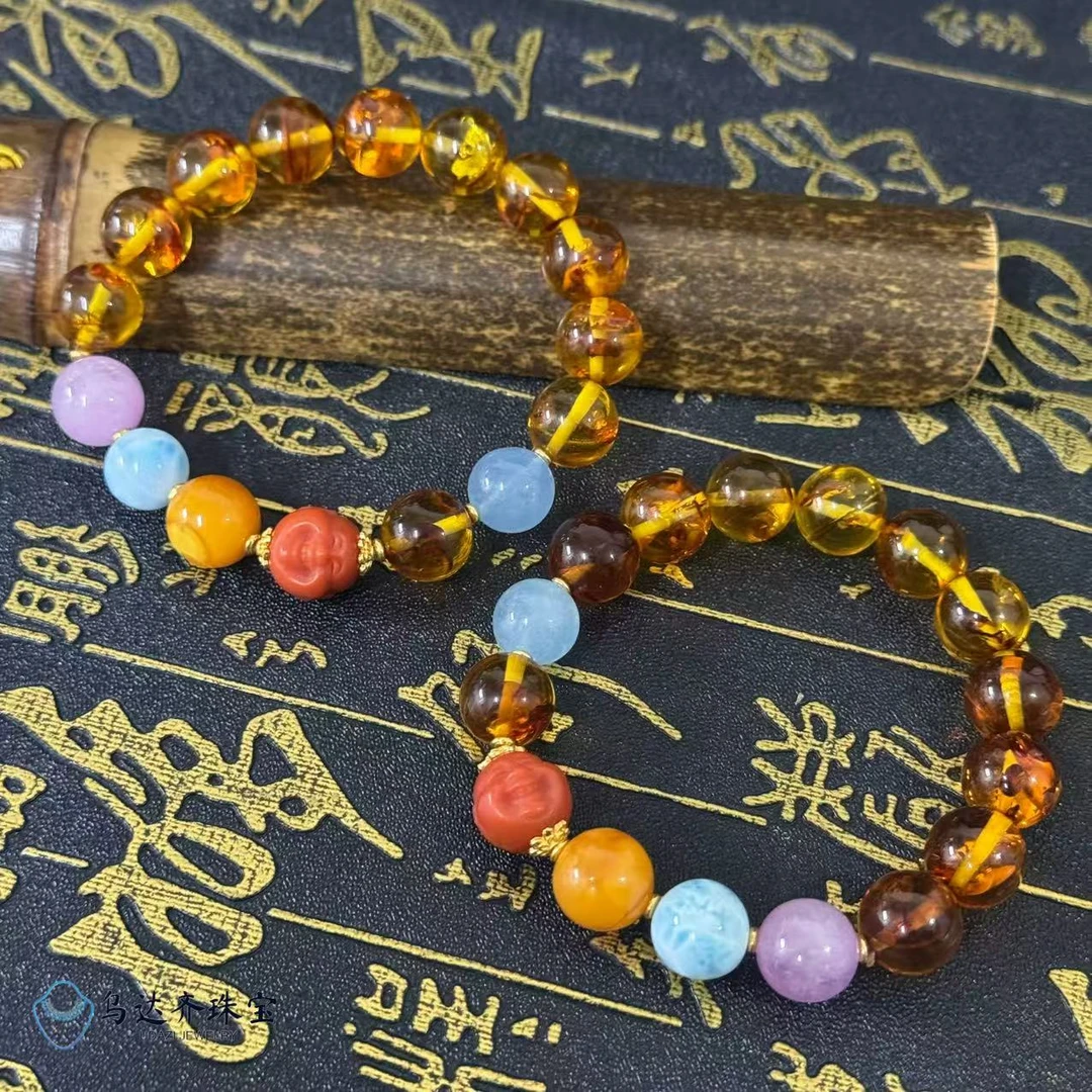 【乌达齐珠宝】11mm+南红笑佛花珀多宝手串@多样性只发其中一件
