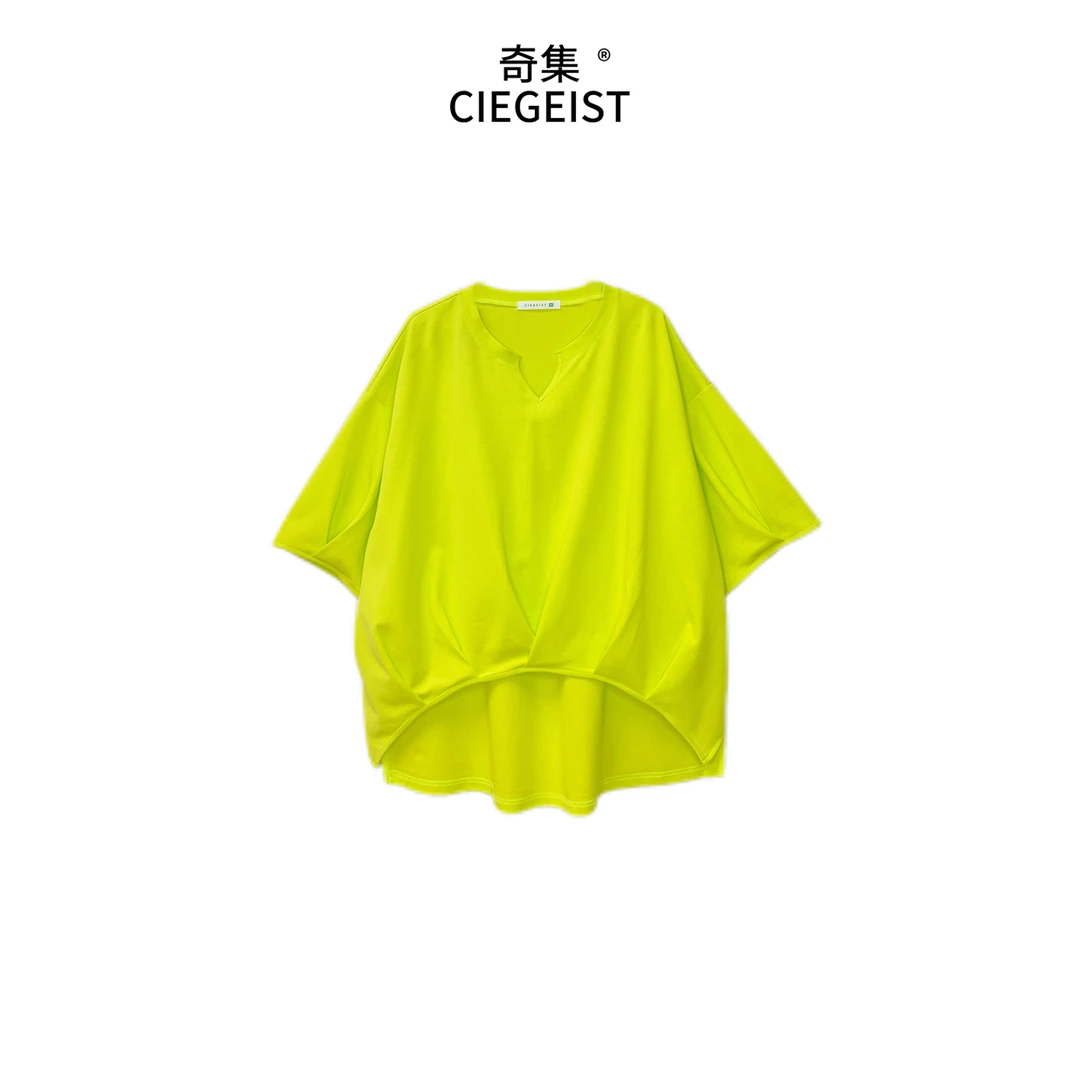 圆圆夏装设计师款宽松大版不规则洋气百搭时尚落肩V领短袖T恤6044