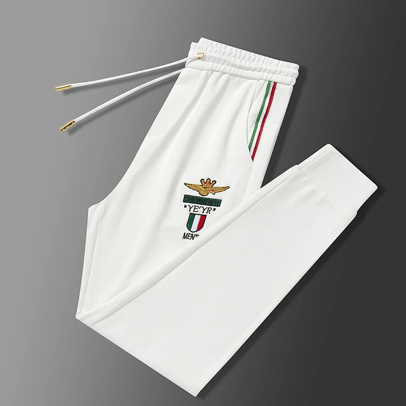 刺绣休闲裤裤子男士秋季白色夏季高品质直筒卫裤轻奢运动百搭长裤