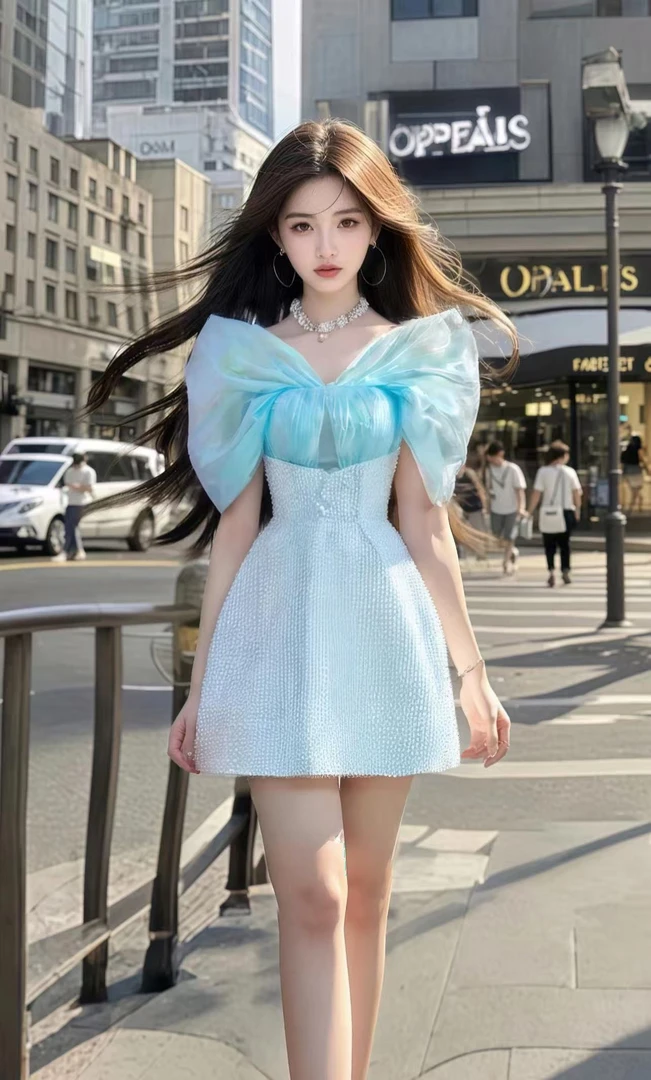 新款温柔甜美千金风公主裙蓝色不规则领型收腰连衣裙女小众时尚