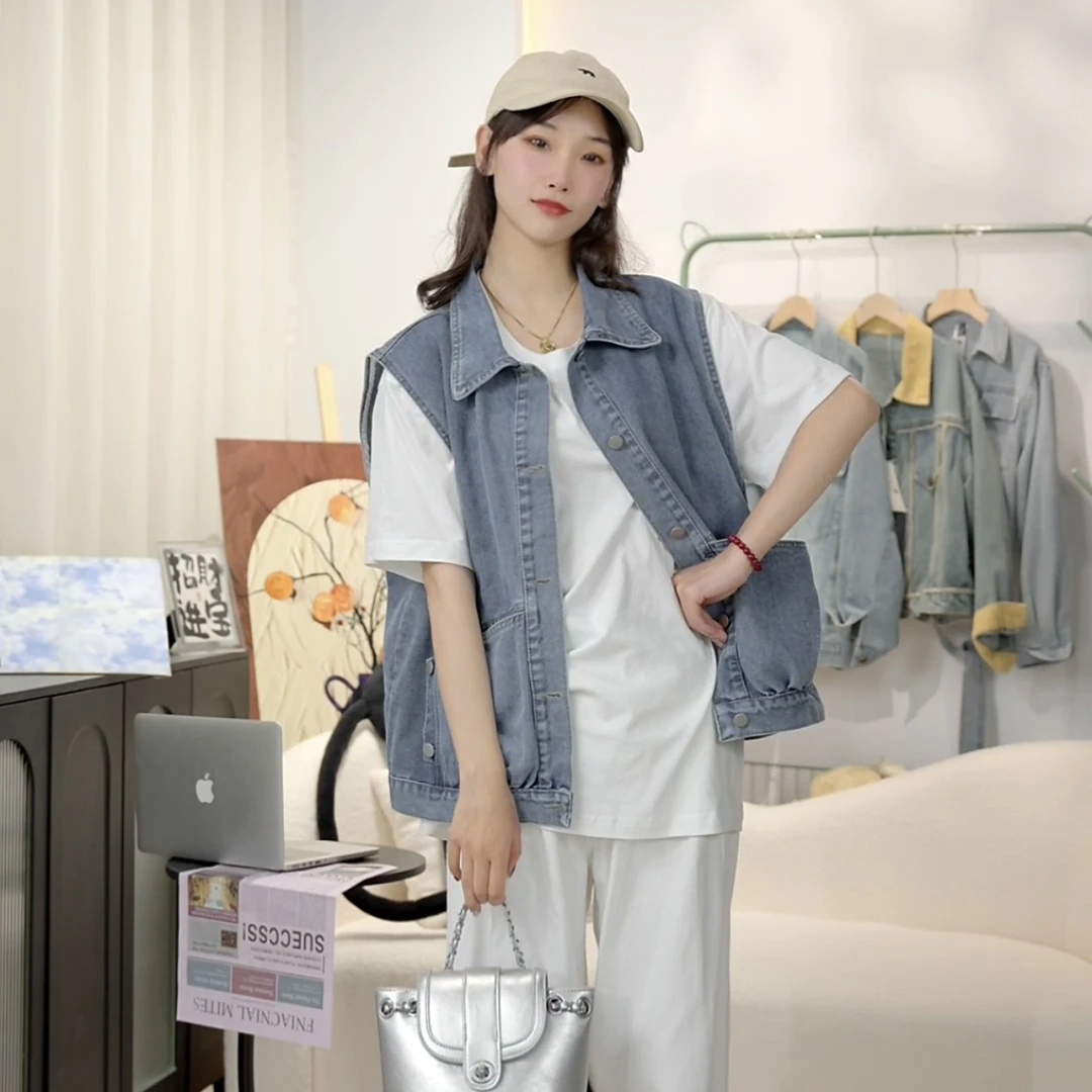 2025韩版宽松工装马甲外搭牛仔马夹外套女春秋季潮流外穿无袖2025