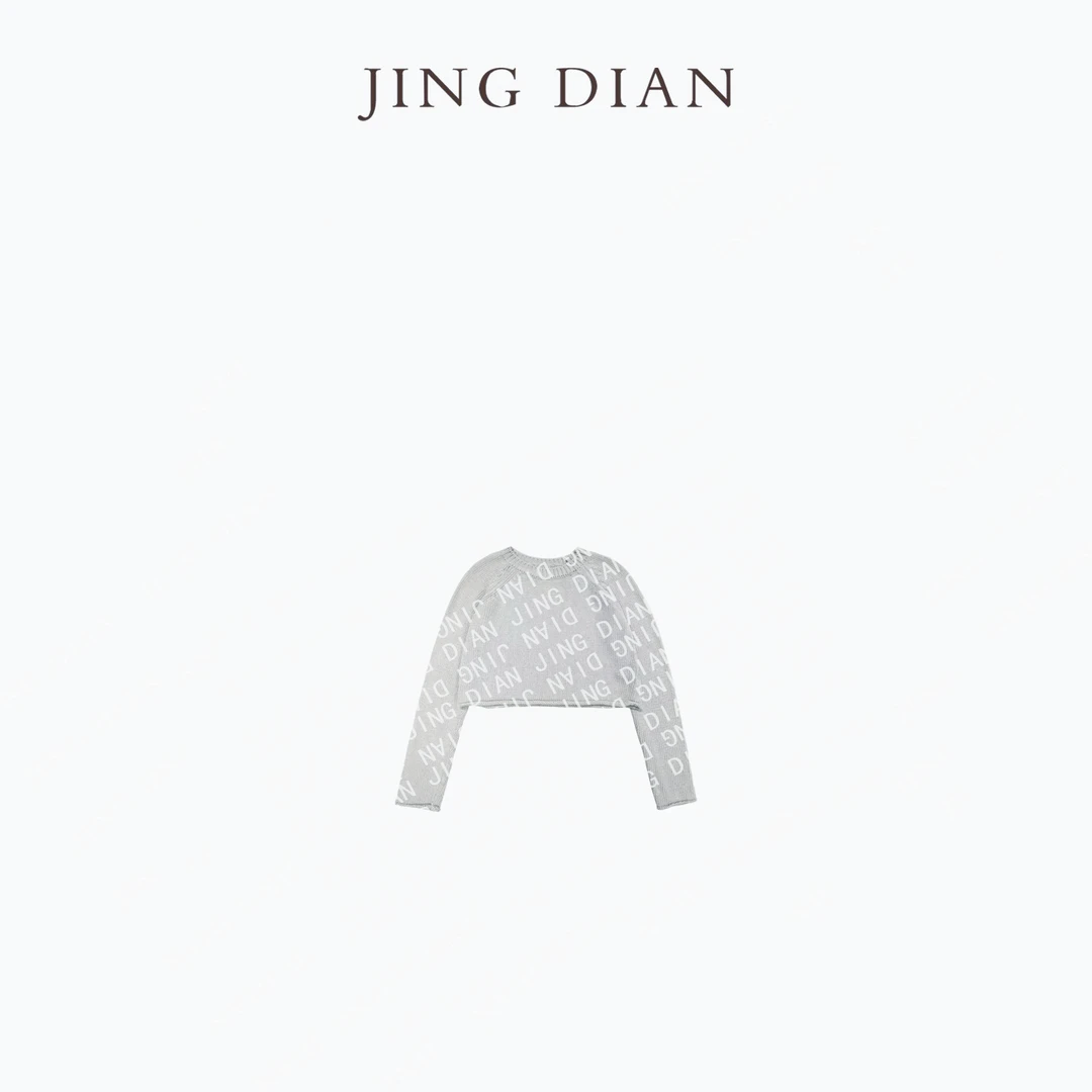 【JINGDIAN】定制款灰色早秋圆领长袖针织衫  设计师短款时尚