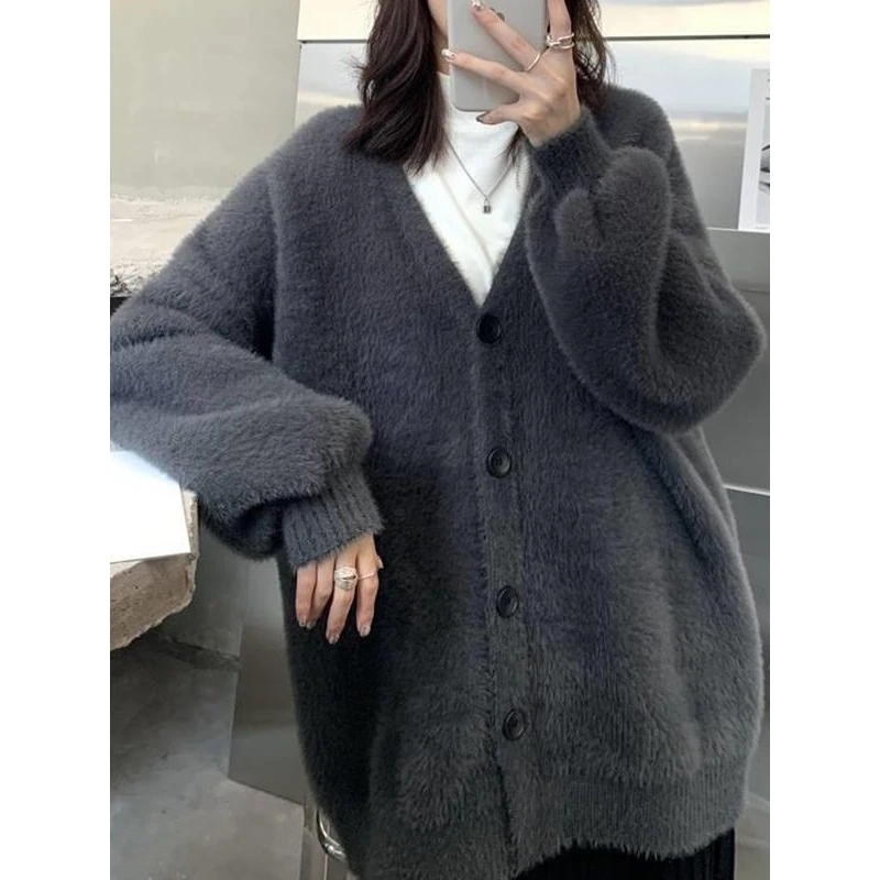 叠穿单搭都很美！针织衫毛绒外套女v领上衣韩版宽松慵懒风毛衣开衫