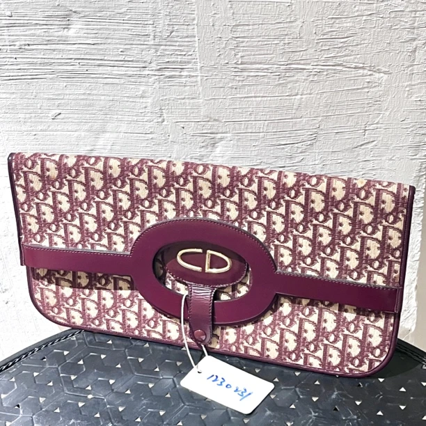 95新 DIOR/迪奥 夏七中古/Dior酒红色老花折叠手拿包/1230231