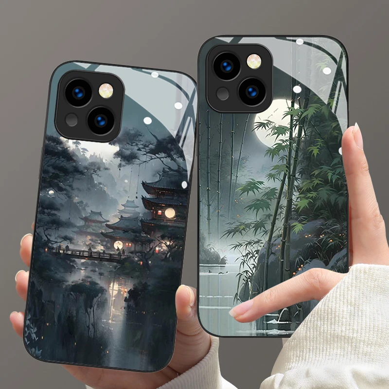 古风山水适用iPhone15新款手机壳opporeno10玻璃荣耀90中国风华为