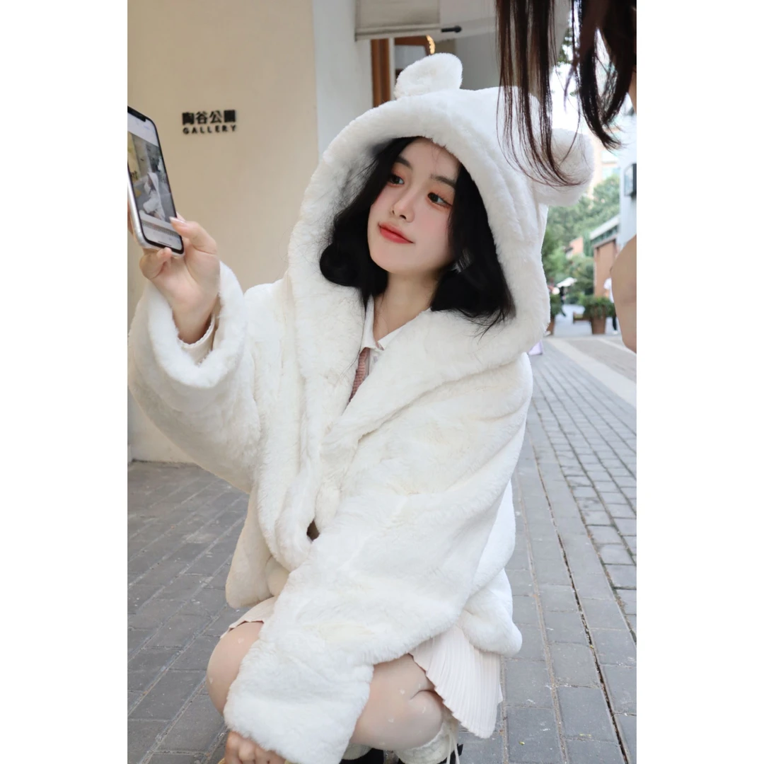 Blovelan奇妙云朵 甜美水貂绒连帽软糯毛绒大衣厚外套女冬季新款