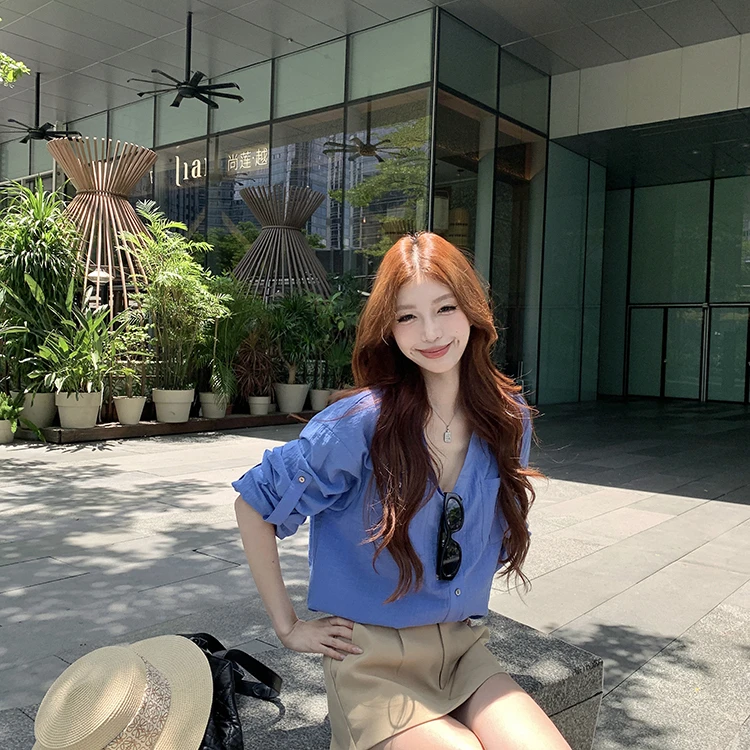 老钱风蓝色立领长袖衬衫女夏季设计感小众薄款宽松百搭防晒上衣服