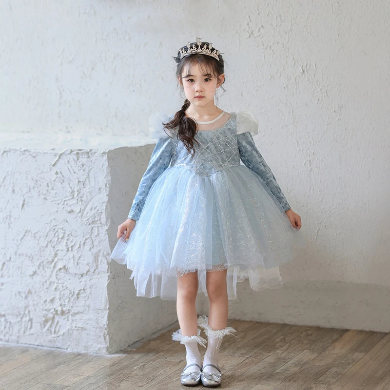 25秋”爱莎公主"女童丝绒网纱披肩公主连衣裙dy971